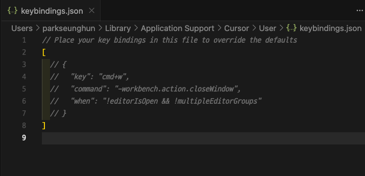 미적용 시 Keyboard Shortcuts json