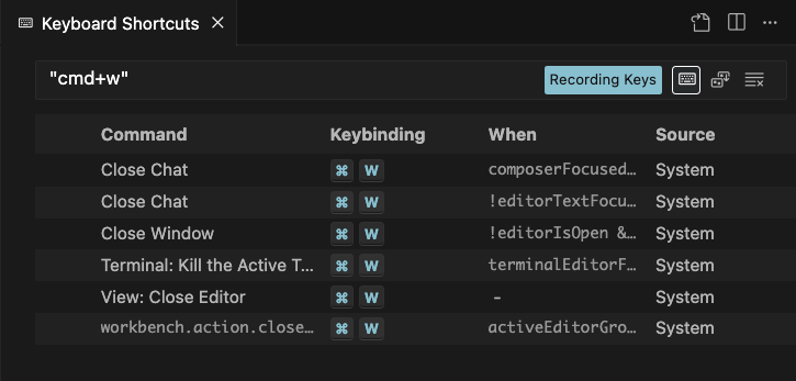 미적용 시 Keyboard Shortcuts